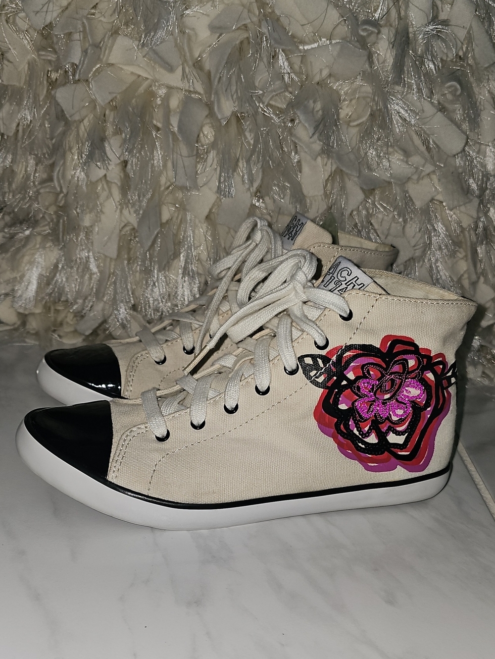 Coach Ekecktra Cream High-Top Sneakers with Pink and Black Floral Accent